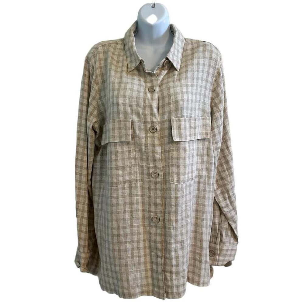 Max Studio London Plaid Long Sleeve Button Down Shirt Size M Beige Cream
